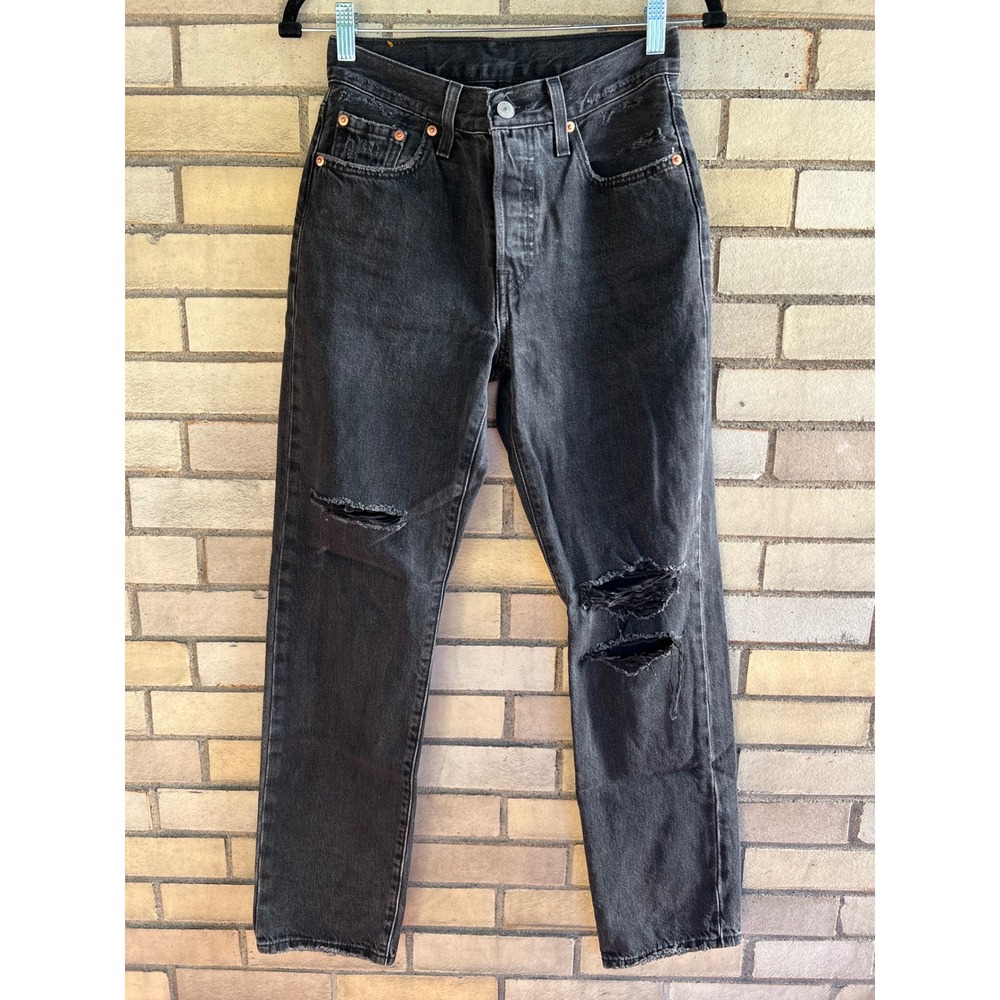 Levis 501 Original Jeans High Rise Black Distressed Ripped Denim Size 25 W25 L30